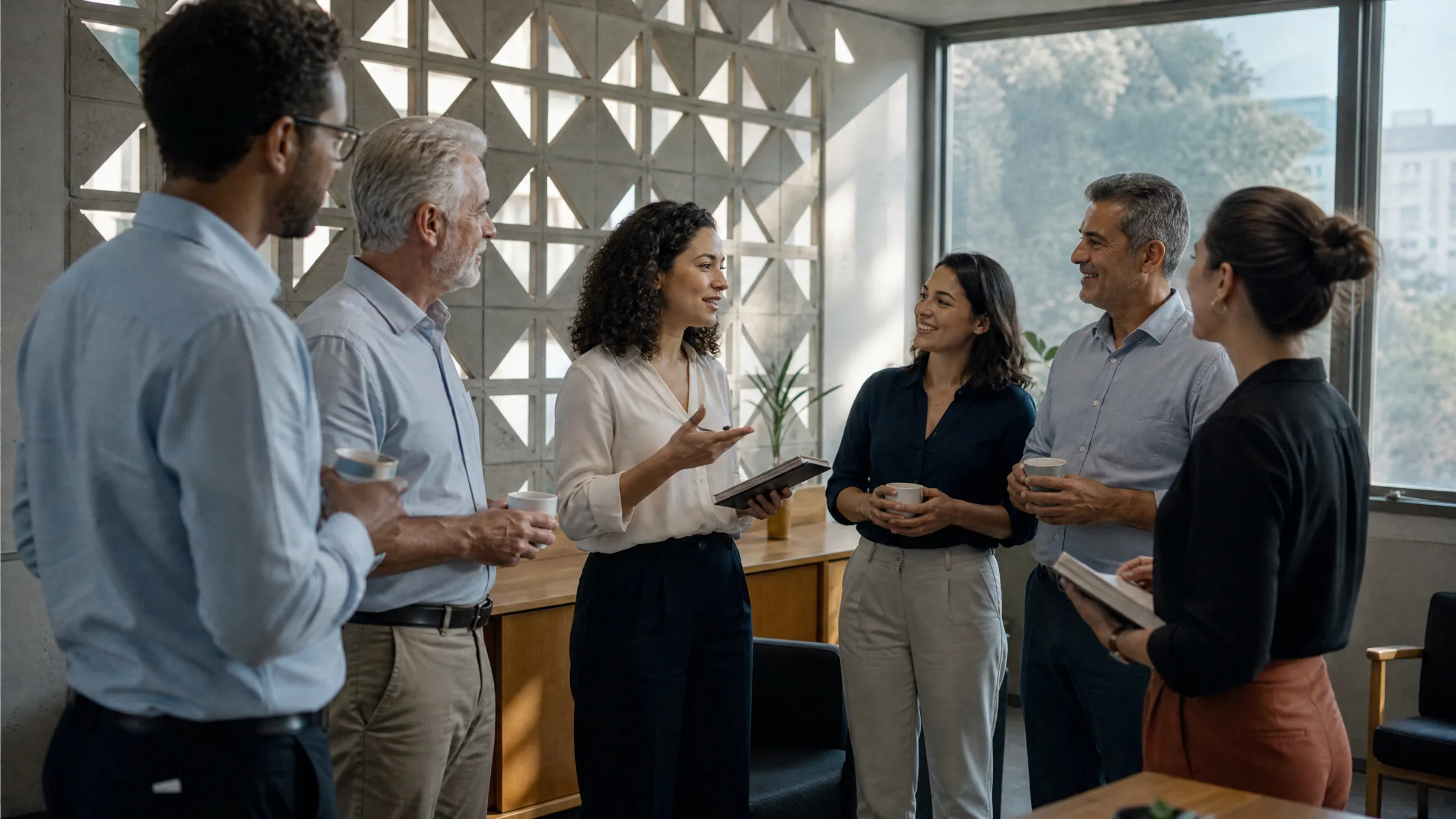 Time comercial em reunião rápida de alinhamento pela manhã