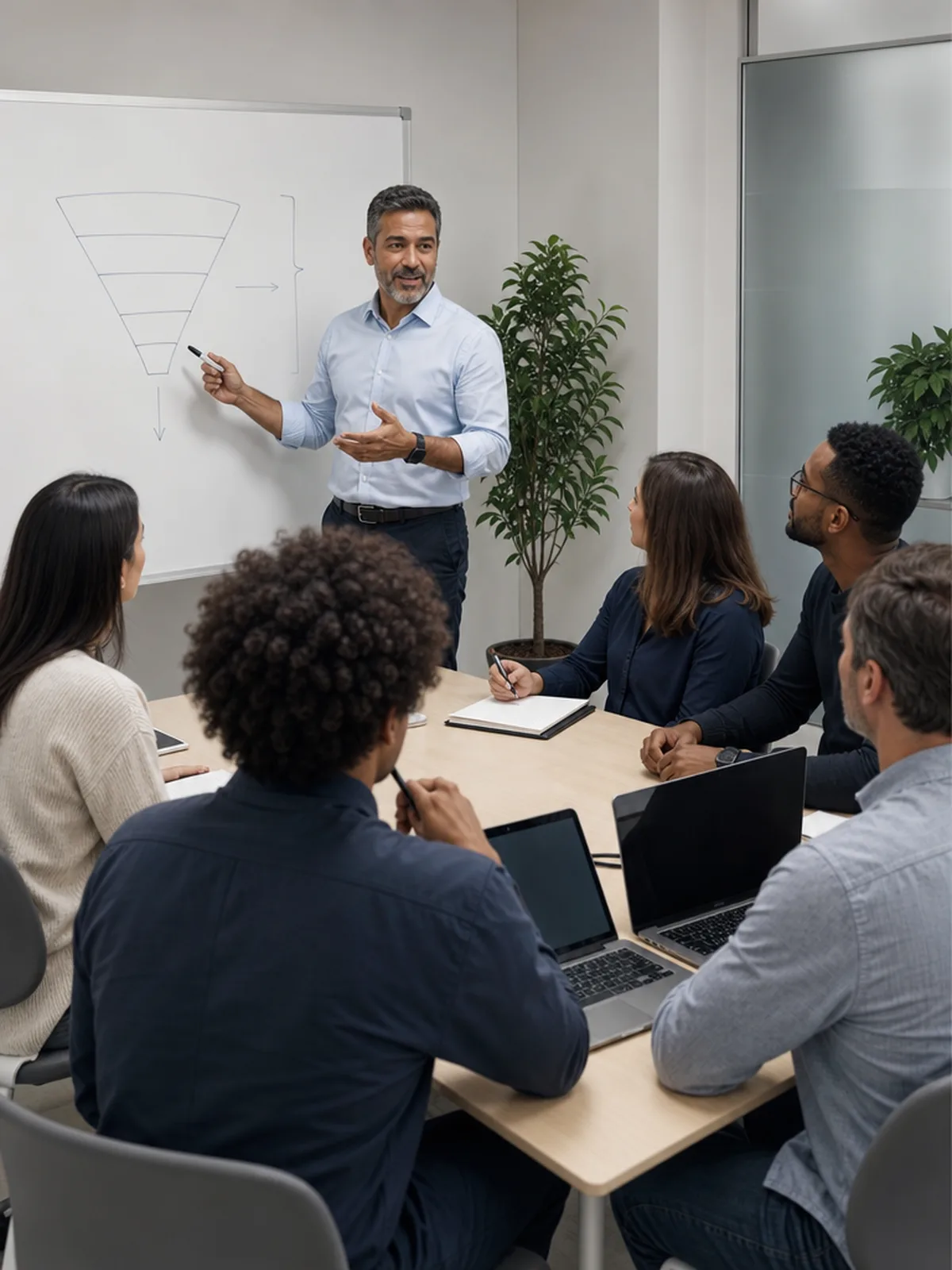 Consultor desenhando o funil de vendas no quadro para o time comercial